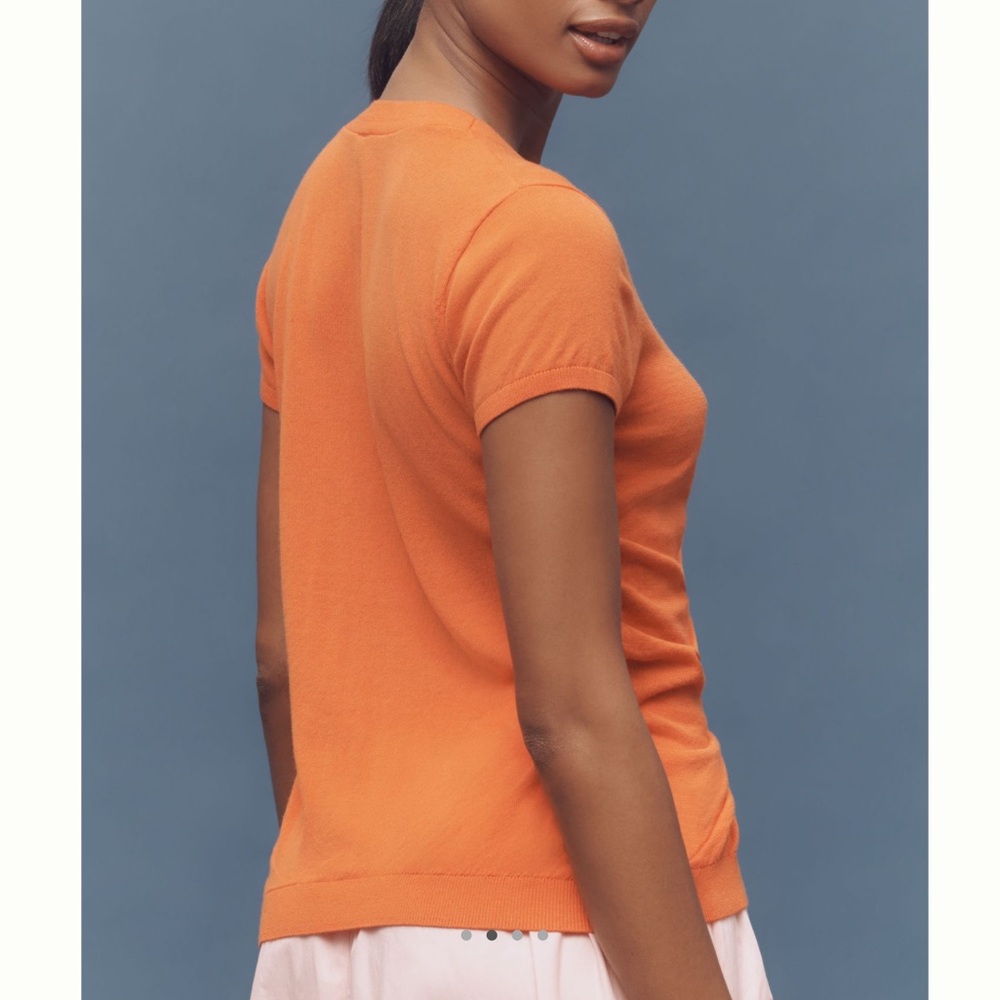Anthropologie Cardigan Ruched Short-Sleeve V-Neck Sweater NEW Orange - Picture 2 of 12